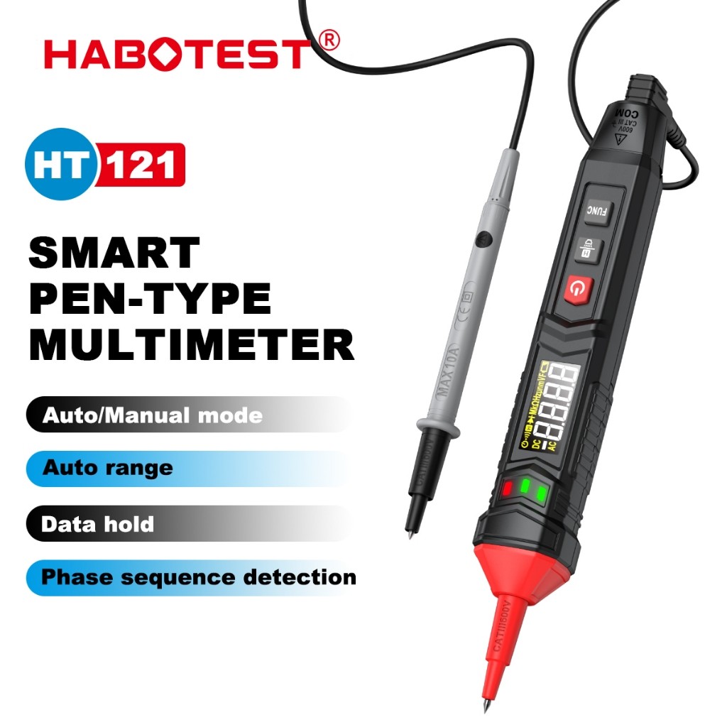 Habotest HT121 ปากกาประเภทมัลติมิเตอร์แบบดิจิตอล 600V DCAC เครื่องทดสอบแรงดันไฟฟ้า True RMS 4000 นับโวลต์มิเตอร์ Live Wire การตรวจจับลาดับเฟส